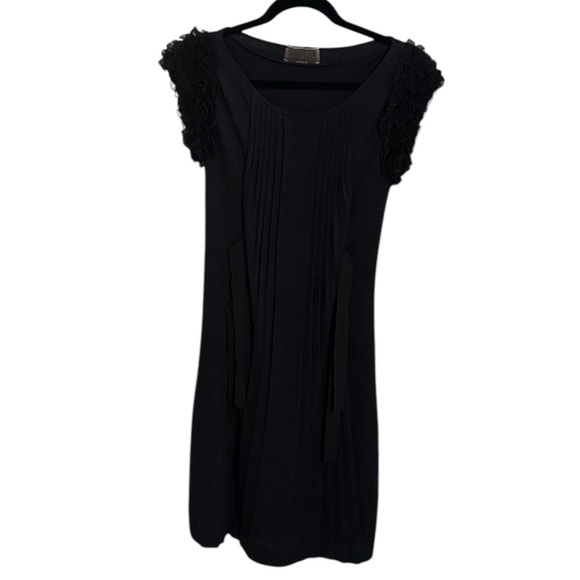 Giambattista Valli Black Midi Dress‎ Silk Linen Size XS Ruffled Sleeves Pleated - Picture 1 of 12
